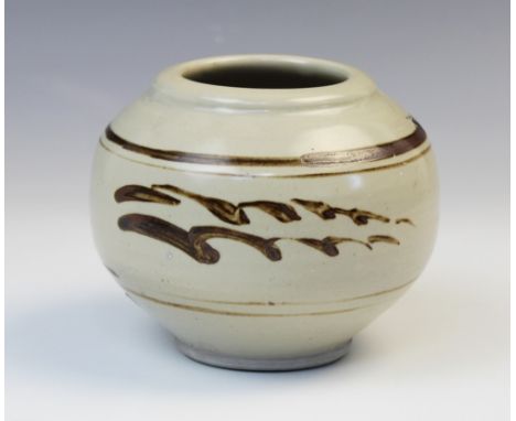 A Bernard Leach CH CBE (1887-1979) studio pottery porcelain bud vase, mid 20th century, of compressed spherical form with swi