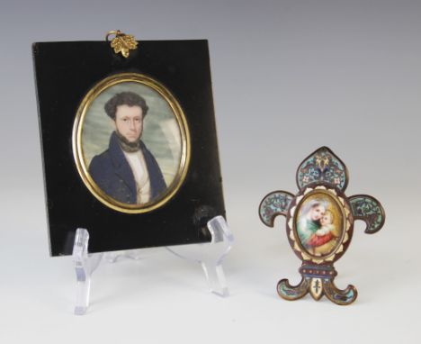 English School (19th century), Half length portrait miniature of a gentlemen in a blue overcoat, 8.5cm x 7cm, framed, with a 