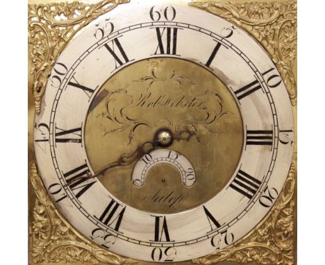 An 18th century oak cased thirty hour longcase clock signed 'Rob Webster, Salop', the 29cm square brass dial with applied sil