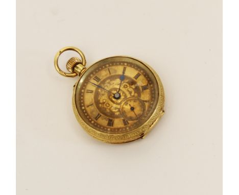 An Edwardian continental 18ct gold fob watch, the circular dial with Roman numerals and subsidiary dial to six 'o' clock, set