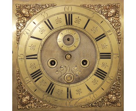 A mid 18th century oak cased eight day longcase clock, signed 'France, Warrington', the 30cm square brass dial, with subsidia