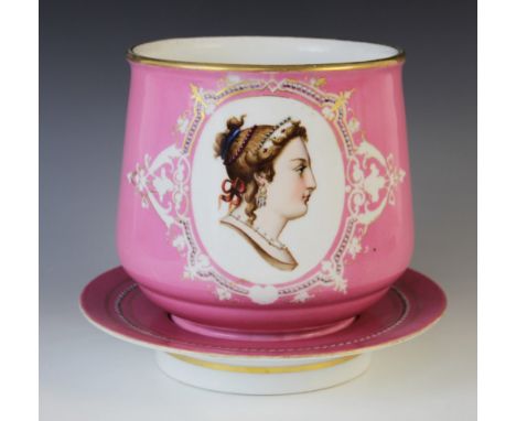 An Austro-Hungarian porcelain jardinière and stand, 19th century, the body with portrait panel to one side and floral panel t