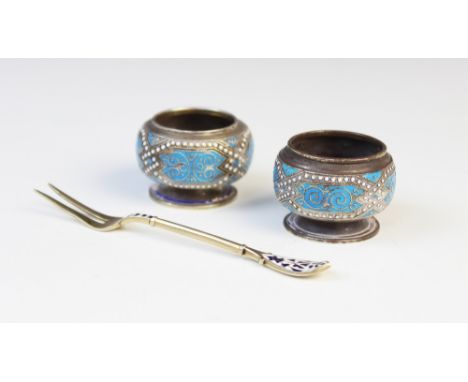 A pair of Danish silver and enamel open salts by Marius Hammer, each of compressed circular form on raised  foot, rope twist 