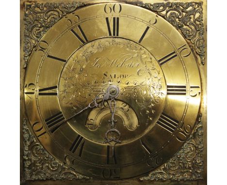 A mid 18th century oak cased thirty hour longcase clock, signed 'J A Webster, Salop', the 28cm square brass dial centred with