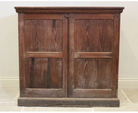 A Victorian pitch pine two door cupboard, the twin panelled doors opening to a single fixed shelf, raised upon a plinth base,