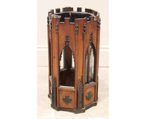 A 19th century ecclesiastical lantern, later used as a stick stand, of hexagonal form, each panel centred with a lancet shape