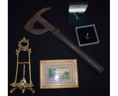 A collection of items to include a 20th century brass small easel, a framed watercolour, 2 Roman (or similar) tools to includ