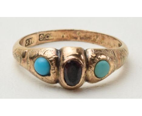 Antique 9ct gold ring set with garnet and turquoise stones, 1.8 grams, size O.  Antique repair to shank.