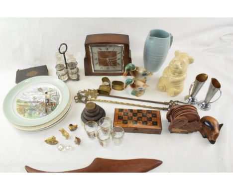 A mixed collection of items to include vintage clock (working) ceramic item, wade whimsies and hunting fishing related pieces