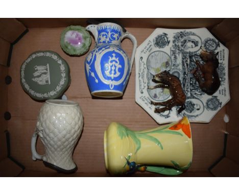 Pottery to include 2 Beswick foals, Victorian jugs, Burleigh Ware Art Deco jug, Wedgwood Jasperware and others (8).  Generall