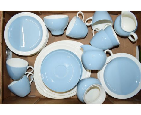 Wedgwood Summer Sky tea ware to include 6 cups, 8 saucers, milk and sugar, side plates, a cake plate and others (Qty).  In go