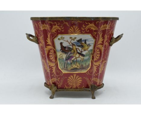 Late 19th century William Lowe pottery jardiniere / planter with brass handles with ornate feet, with birds amongst a tree su
