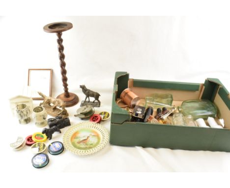 A mixed collection of items to include large barley twist candle stick, 'Strike Right' British Made fishing reel, metal figur