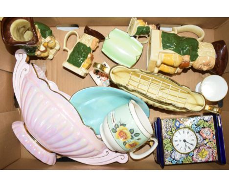 A collection of pottery to include a Masons Decoupage mantle clock, a graduated set of 4 Wood &amp; Sons Toby jug, Sadler flo