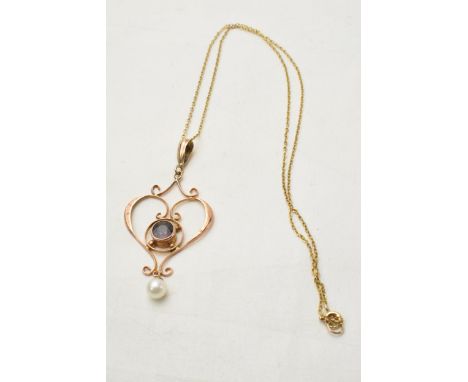 9ct rose gold garnet and pearl Art Nouveau pendant on 9ct gold chain, 3.2 grams.  