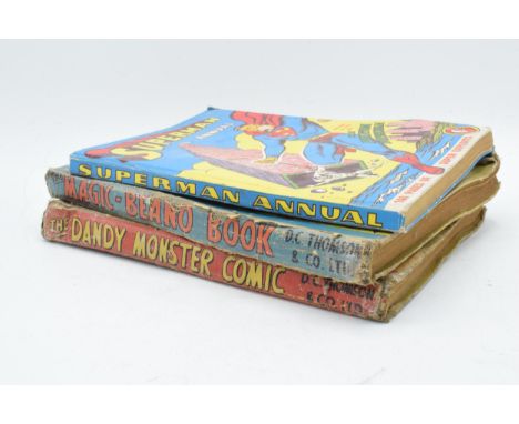 'The Dandy Monster Comic 1943', together with 'The Magic Beano Book' and 'Superman Annual 1958-9' (3), all poor condition.  D