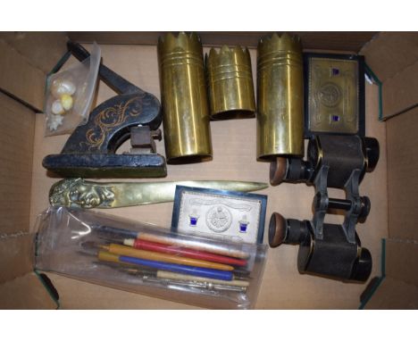 A collection of items to include brass trench art, figural book mark, unmarked pair of binoculars, Police Tennis award plaque