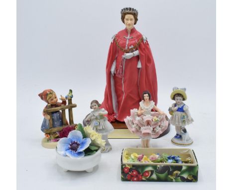 Mixed pottery to include Dresden and Meissen lace ware figures (some damages), a Goebel figure of a girl at a fence, a resin 