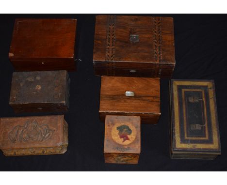 A collection of wooden and metal boxes to include a Nectar tea caddy, inlaid boxes and others (7).  