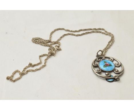 Silver and enamel Charles Horner pendant with silver chain.  