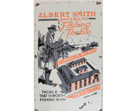 Reproduction Albert Smith &amp; Co LTD. Dominion Works Redditch. Fishing Tackle enamel sign. 30.5cm x 51cm.  In good conditio