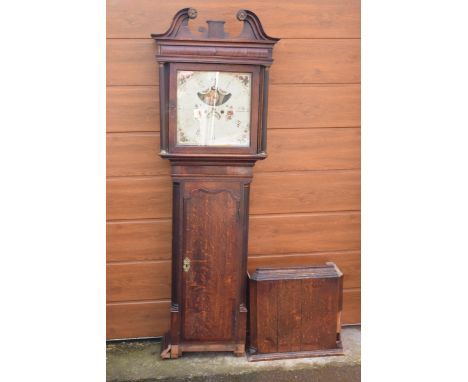 19th century oak longcase clock with rolling moon dial with single weight and pendulum (needs attention).  Needs attention as