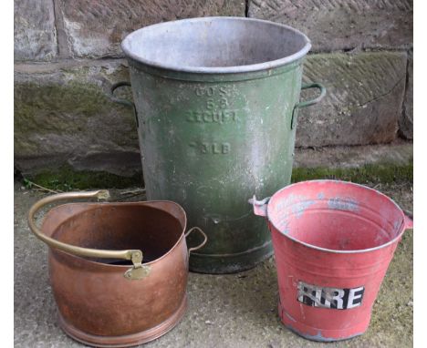 Large vintage galvanised bin with 2 riveted handles together with a vintage red fire bucket and a copper coal scuttle (3), ta