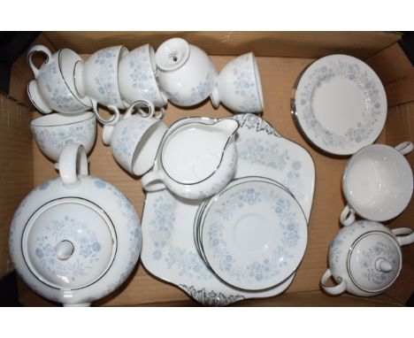 Wedgwood tea set in the Belle Fleur pattern to include a teapot, cups, saucers, sugar, cake plate and others (Qty).  Mostly i