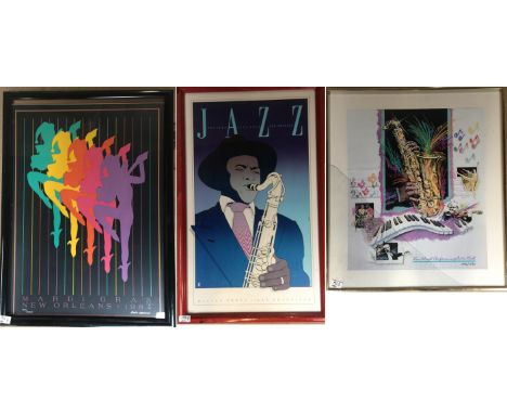 JAZZ FESTIVAL POSTERS. Stunning collection of 3 x framed posters. Measures are between 51 x 81 and 59 x 66.5 cms. Note damage