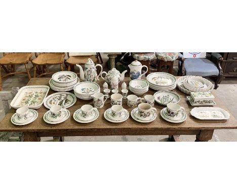 A Port Merion 'Botanical Garden' pattern part tea and dinner service, including tea pots, coffee pot, cafe tier, flan dishes,