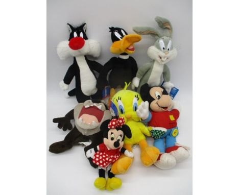 A collection five Looney Tunes soft toys including Daffy Duck, Bugs Bunny, Sylvester, Tweety and Tasmanian Devil, along with 