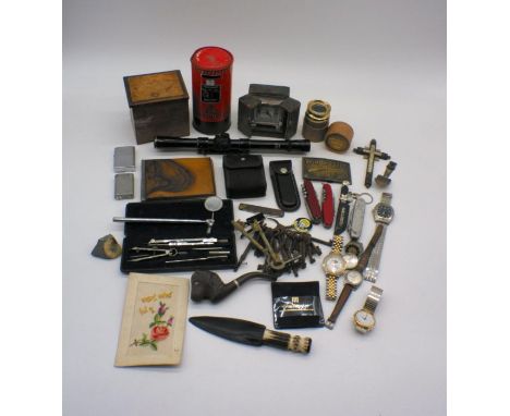 A lot of miscellaneous items, including a cased Art Deco clock, BSA rifle scope, Swiss army knives, watches etc.
