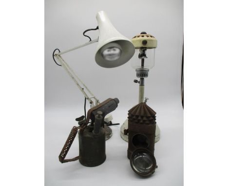 An assortment of vintage lamps including an Anglepoise lamp, a police lamp A/F a Tilley lamp etc