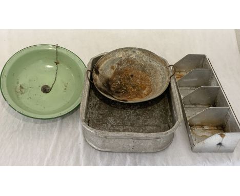 A small collection of galvanised and enamel ware including sink, shelving unit etc.