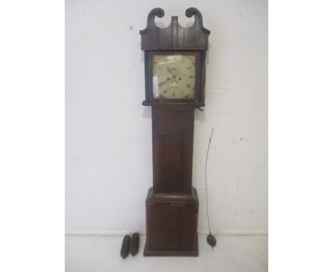 An oak longcase clock with painted dial named to 'William Preddy, Langport', A/F, height 192cm. 