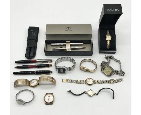 A collection of various vintage pens and watches including Parker, Sekonda, Casio, Rotary, Avia, Cobolt, Rone Seven etc.
