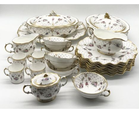 A Royal Crown Derby "Royal Antoinette" part dinner service including two tureens, meat platter, eight dinner plates, five sou