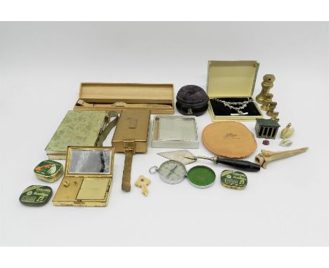 A lot of miscellaneous items, including compacts, a watch, compass, bone pipe, lead swan figures etc.