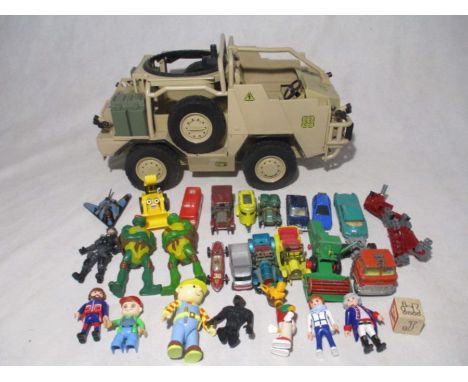 An Action Man style vehicle by HM Armed Forces, along with a small selection of die-cast vehicles (including Matchbox, Corgi,