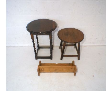 Two oak occasional tables, along with a wall hanging pine shelf.
