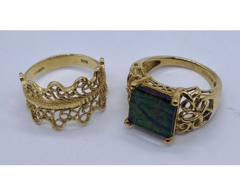 An opal style ring along with a filigree ring both 9ct gold- total weight 5.9g