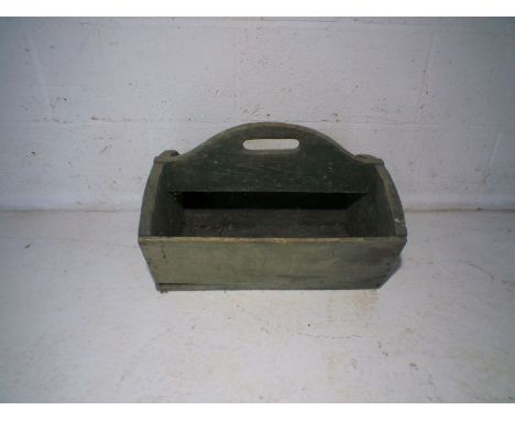 A green painted wooden toolbox/trug.
