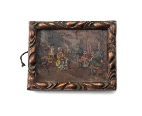 Nieve interior study of an inn with a jester dancing. Oil on panel, in period carved wood frame. Monogrammed R E L in right h