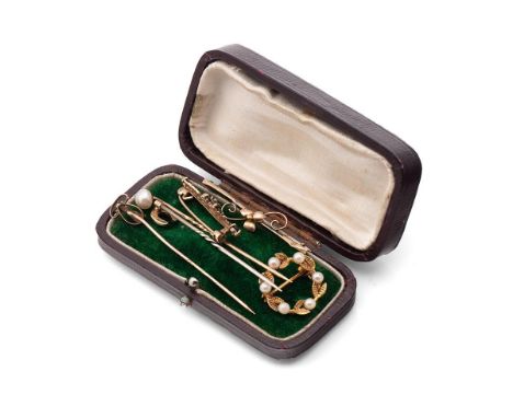 A collection of vintage and antique gold jewellery to include three stick pins, (two with 9ct gold pins and one with 15ct hea