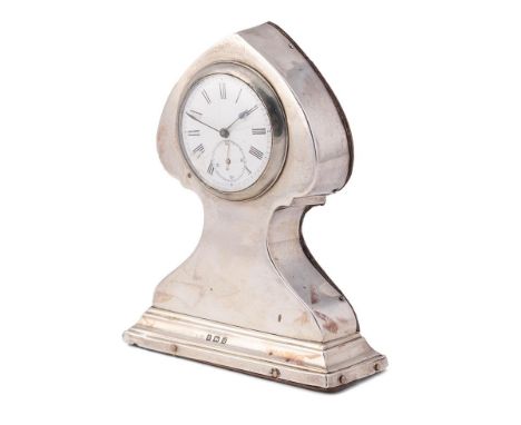 Silver Art Nouveau mantel clock, wooden back, with key, Birmingham 1912, J D W D, 11.5cm tall.  Displays well but requires at