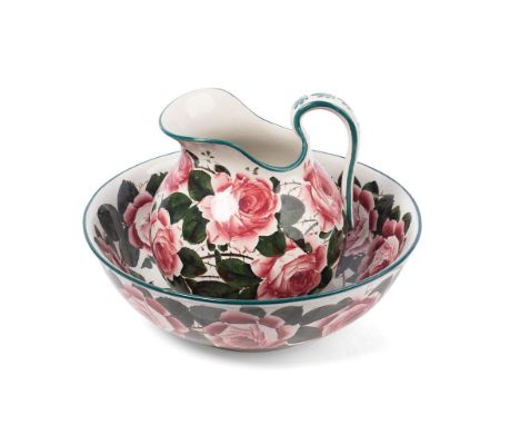 Wemyss Pottery Cabbage Rose wash basin and ewer, painted in shades of green, pink and brown on a white ground, diameter 39.5c