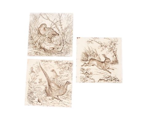 Three late 19th century Josiah Wedgwood and Sons Eturia 8" tiles depicting duck, pheasant and a hare. 8" x 8" (20.5cm x 20.5c