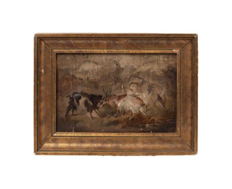 Antique oil on canvas, a sketch of two goats fighting with others in the background, 'Egar Hunt' written to verso, 15cm x 22c
