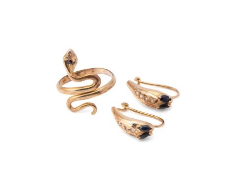 A pair of 14ct gold and sapphire set earrings, modelled as snakes, with sapphire eyes, and a matching 14ct gold and sapphire 