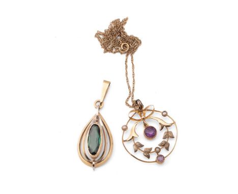 9ct gold amethyst &amp; seed pearl pendant &amp; 9ct ct chain, together with 9ct &amp; tourmaline pendant, gross weight 5.3g.